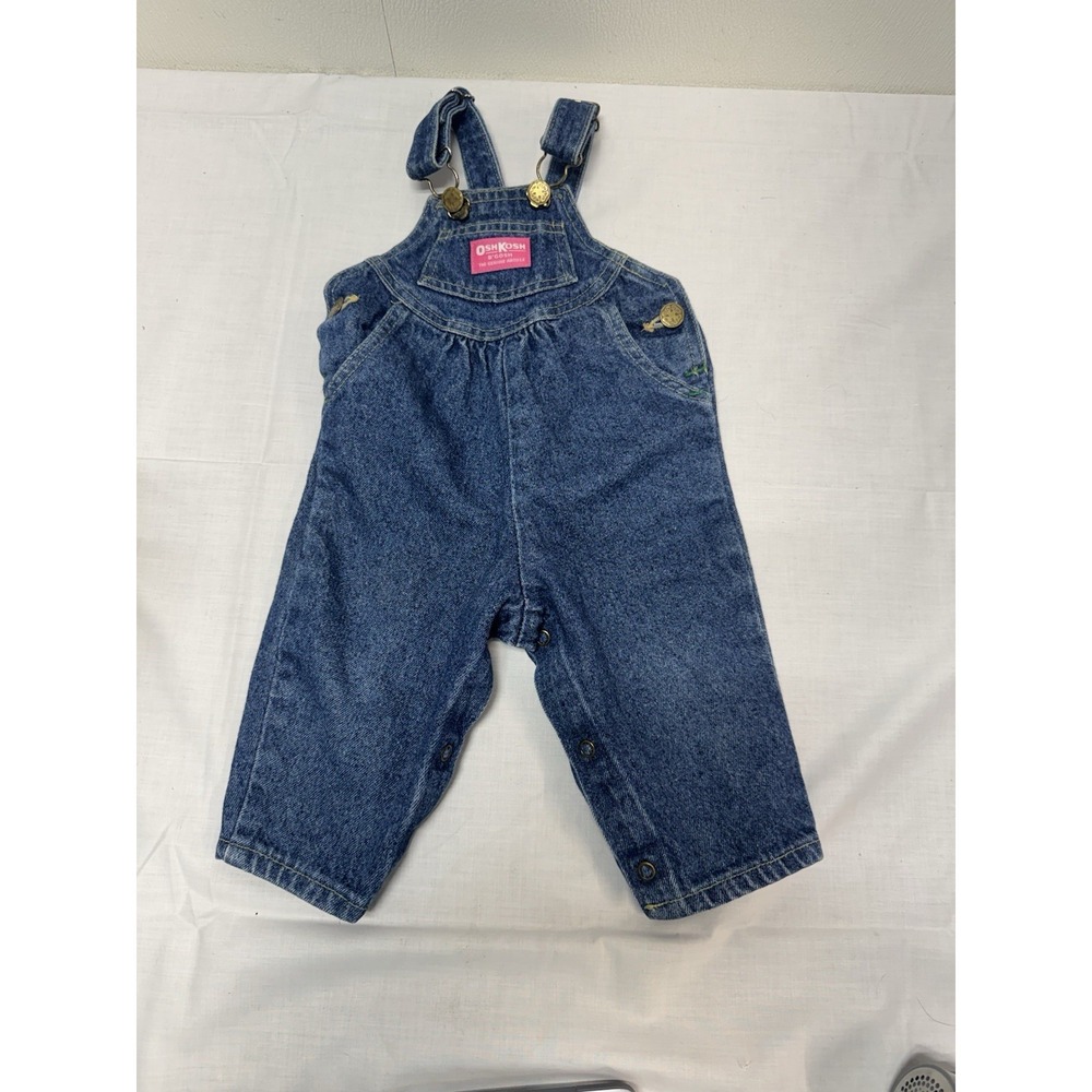 Vintage Baby Girls Oshkosh BGosh Blue Denim Jean Overalls 12 M USA Pink Label